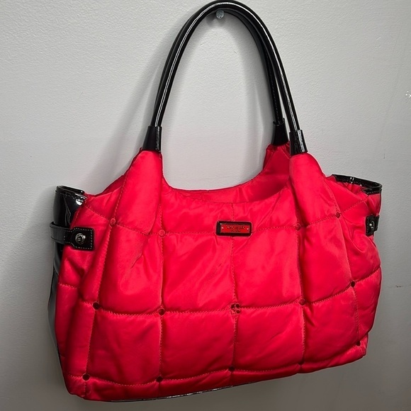 Kate Spade Red Quilted Brown Patent Leather Zip Shoulder Tote Bag - Picture 3 of 13